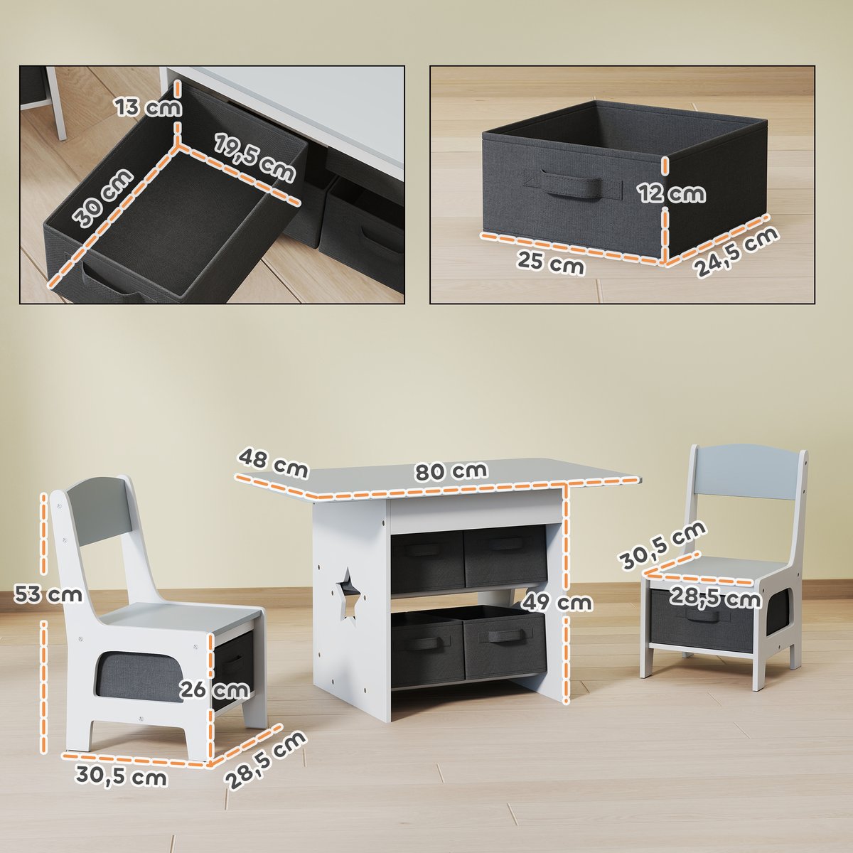 Ensemble table et chaises pour enfants MDF gris clair, gris foncé, blanc, AIYAPLAY