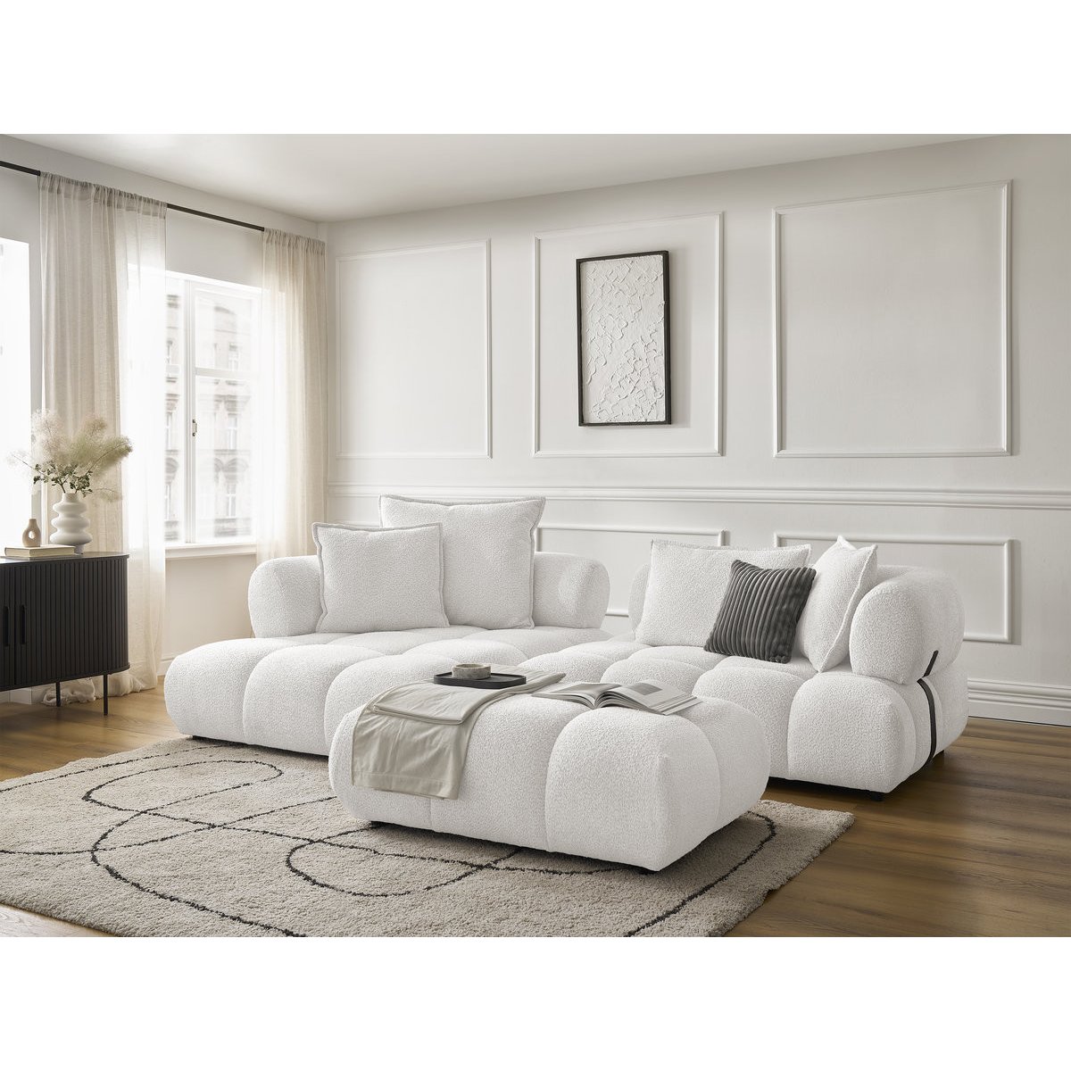 Canapé d'angle fixe 4 places en tissu bouclette avec pouf, ALYA blanc, BOBOCHIC