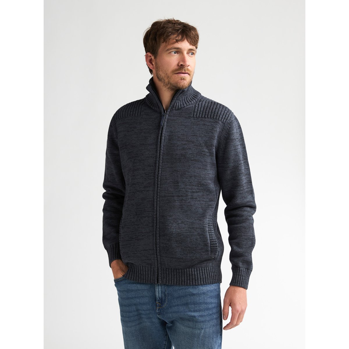 Pull Gilet zippé en coton chiné millford bleu royal navy, PETROL INDUSTRIES
