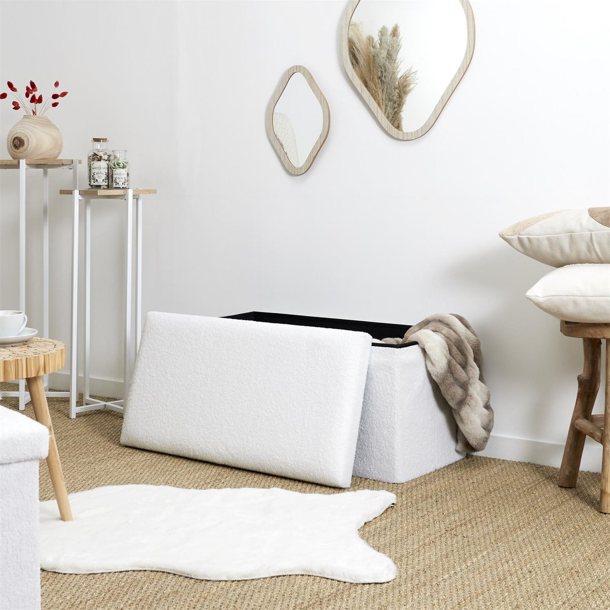 Banc coffre pliable en bouclette blanc blanc, EDEN