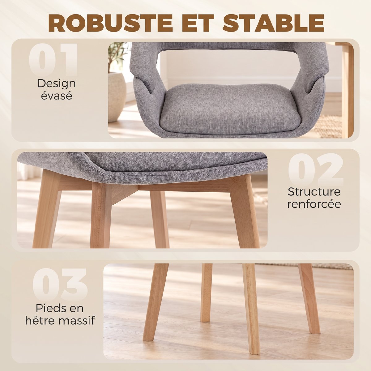 Chaise de salle à manger Tissu aspect lin gris clair, bois naturel, HOMCOM