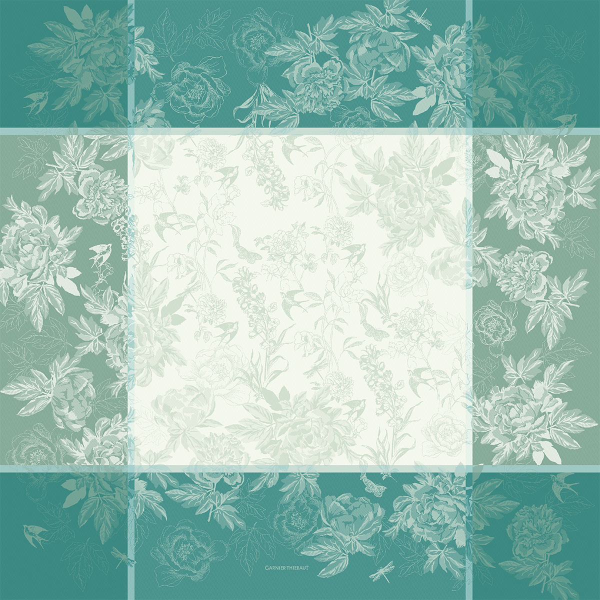 Nappe pur coton antitache JARDIN DE PIVOINES vert, GARNIER THIEBAUT