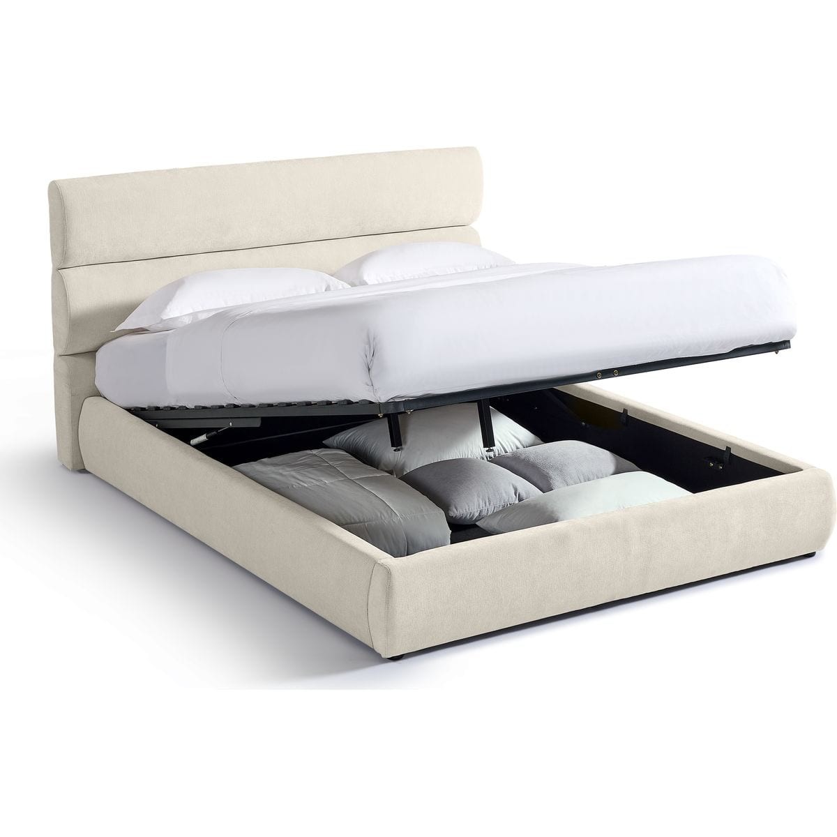 Lit coffre adulte avec tête de lit capitonnée en tissu chenille - SIMON beige, HOMIFAB