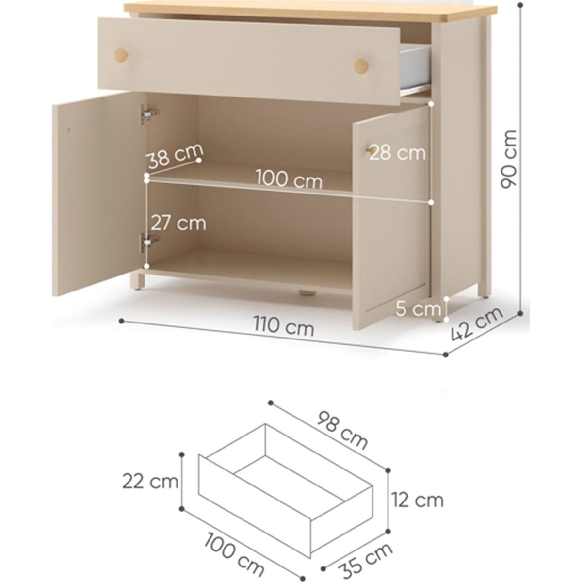 Commode enfant 2 portes 1 tiroir collection STORY beige sable et chêne blanchi, RECOLLECTION