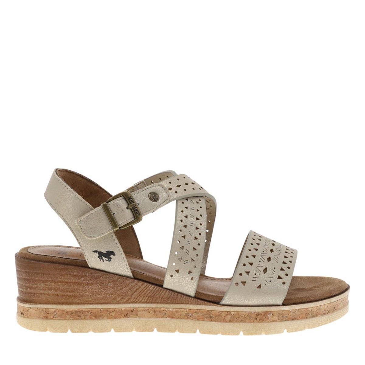 Sandales beiges à semelle compensée effet bois et à boucle à ardillon beige, MUSTANG