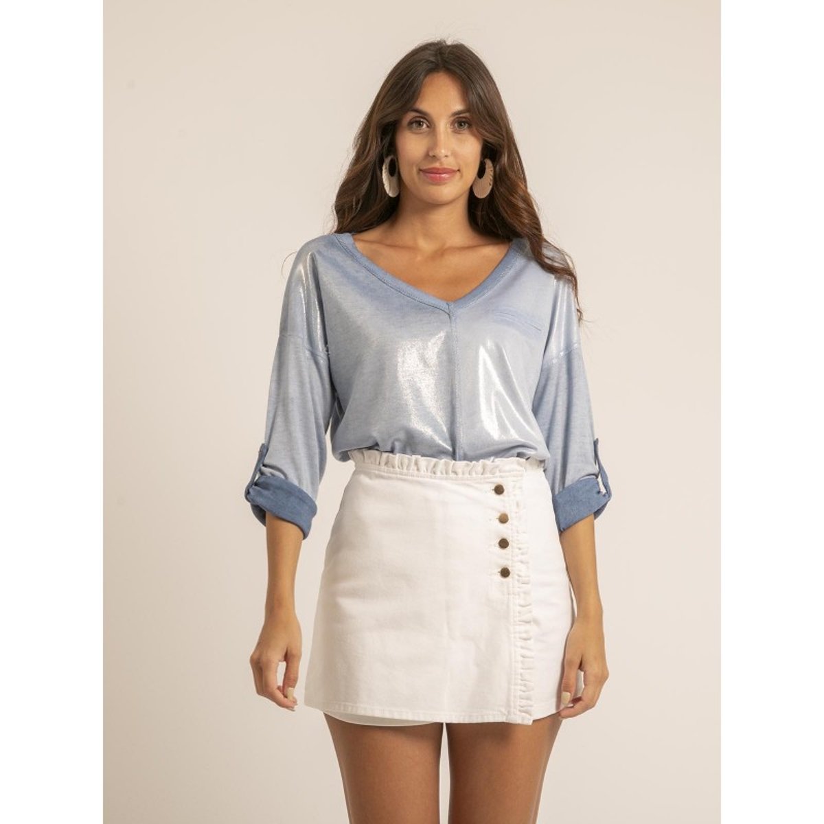 T Shirt Col V Bimatiere Filinie bleu, DONA LISA