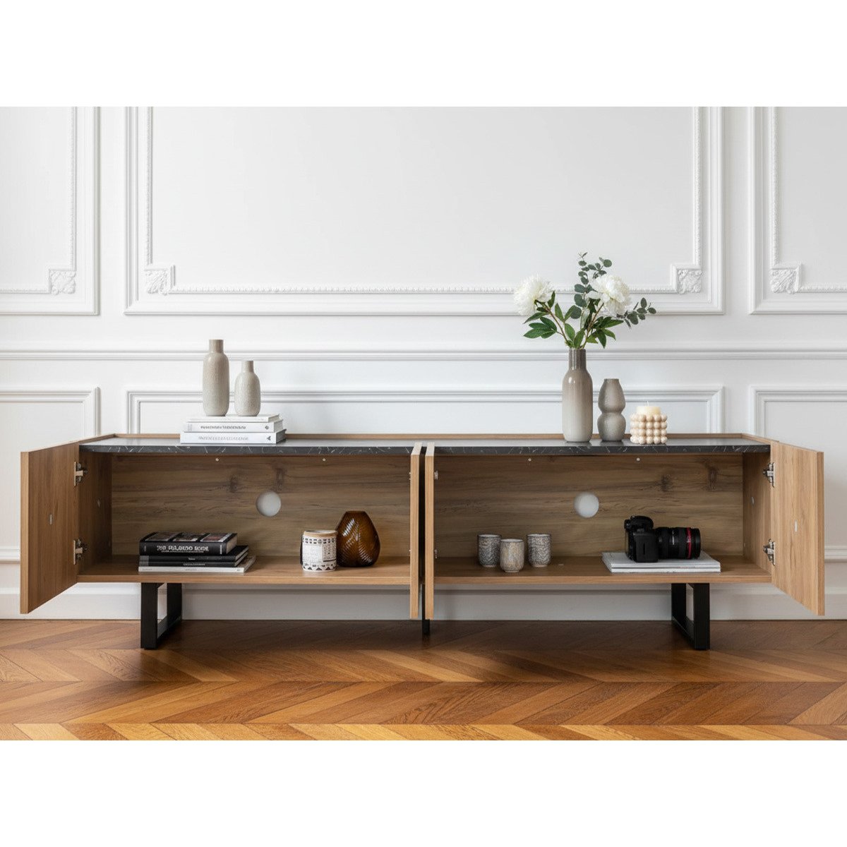 Meuble TV 180 cm panneaux de particules, OPERA marron clair, BOBOCHIC