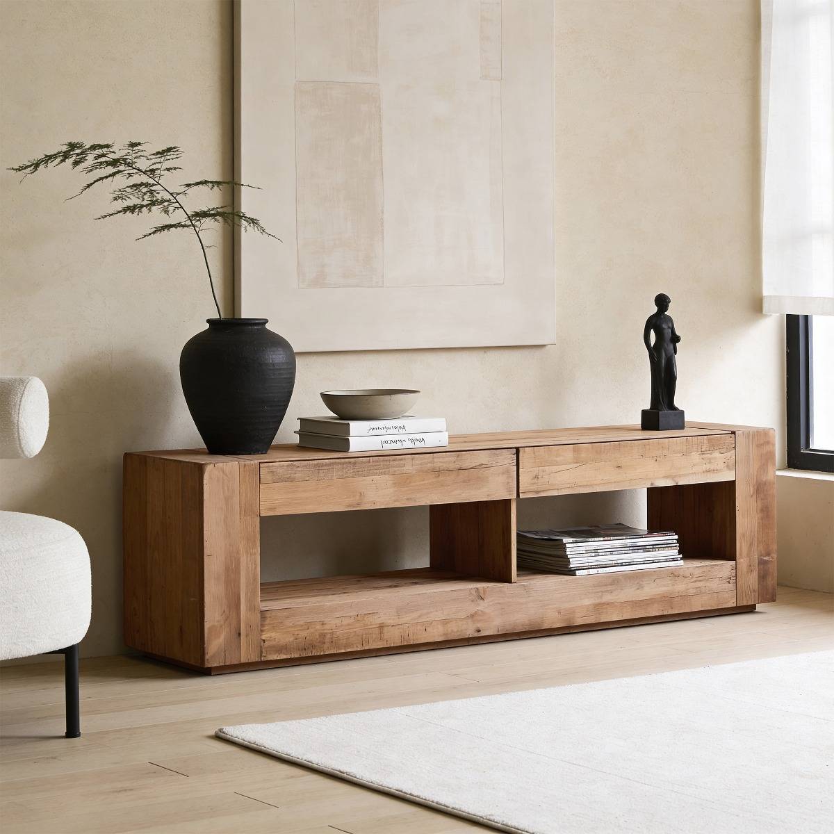 Meuble TV en bois recyclé BLAISE bois clair, MADE IN MEUBLES