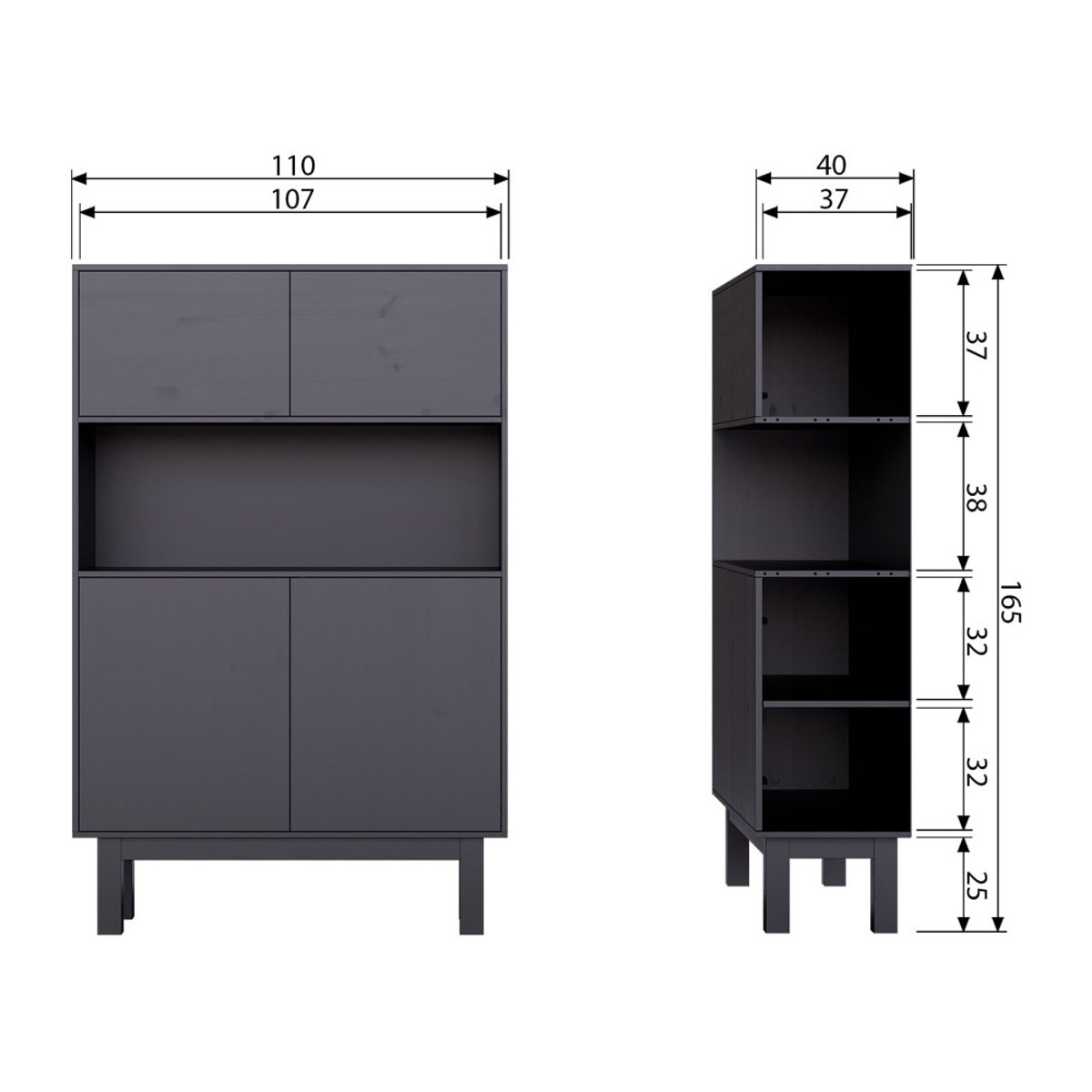 Buffet haut en bois massif de pin L110cm- FINCA noir, WOOOD