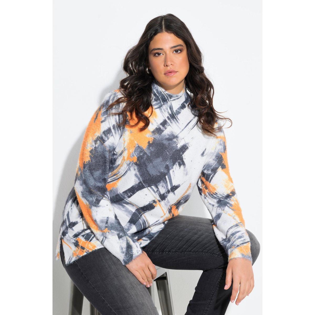 Pull col montant et manches longues gris clair chiné, ULLA POPKEN