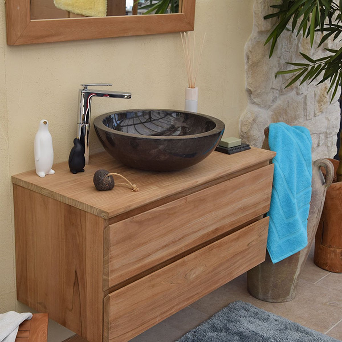 Meuble suspendu 2 tiroirs en teck massif 90 cm - KHARART naturel, WILDWATER