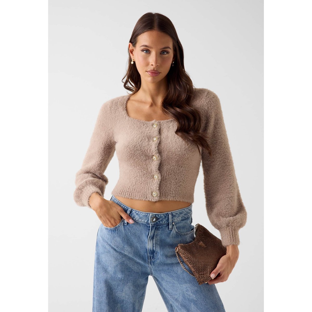 Cardigan À Boutons Bijoux marron, GUESS