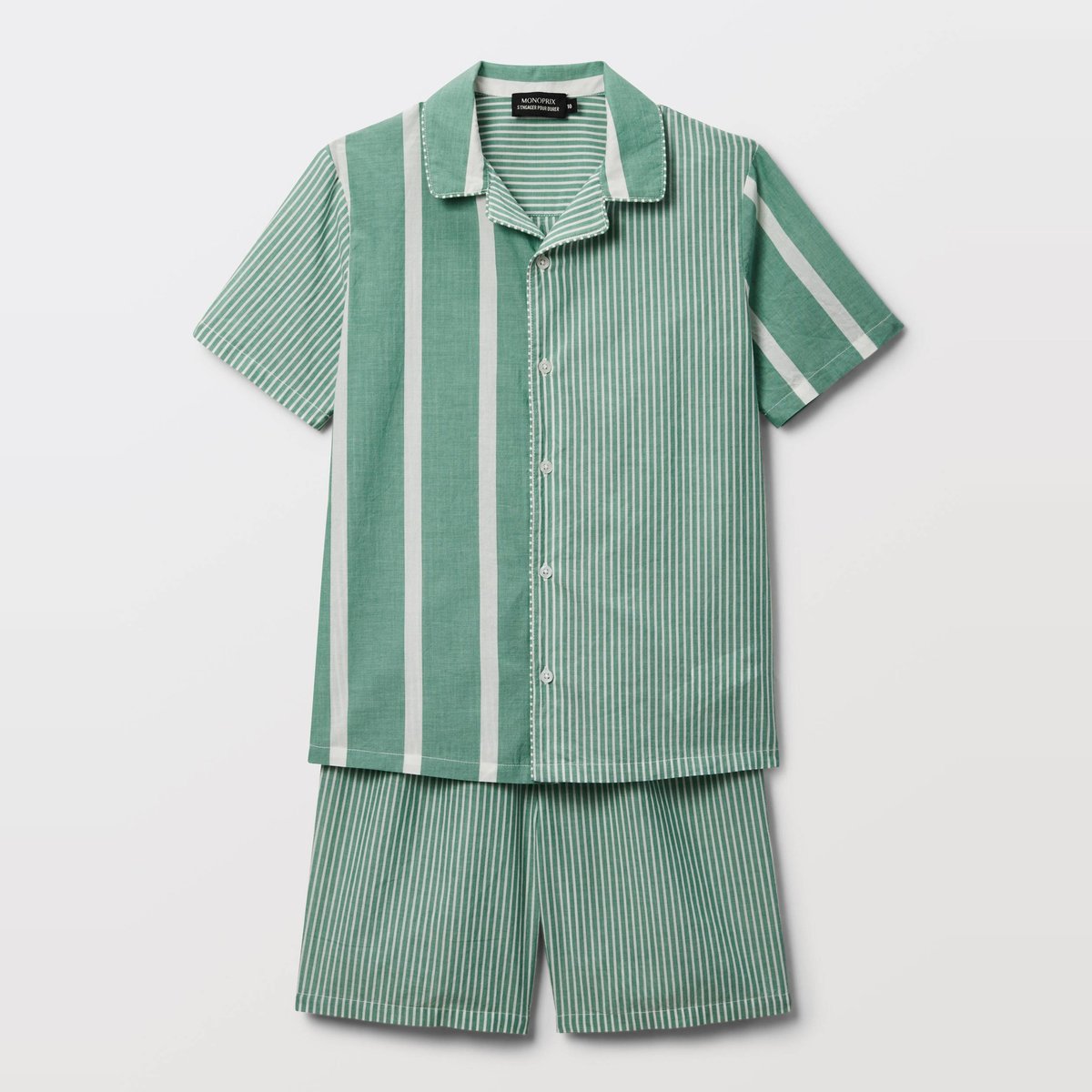 Pyjama chemise short rayé en coton BIO GOTS salade, MONOPRIX