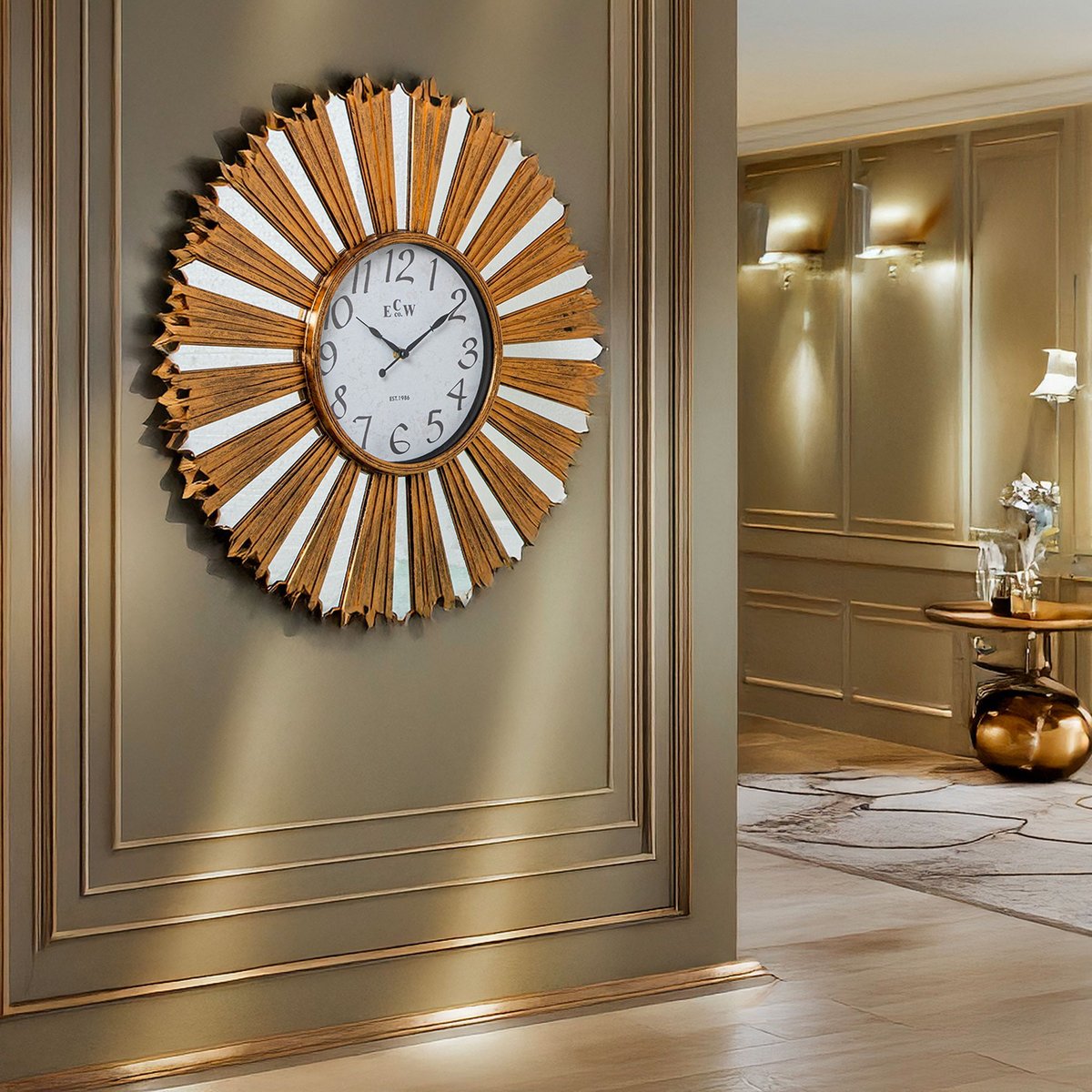 Grande horloge murale dorée et miroirs soleil 58x58x4cm doré, WADIGA