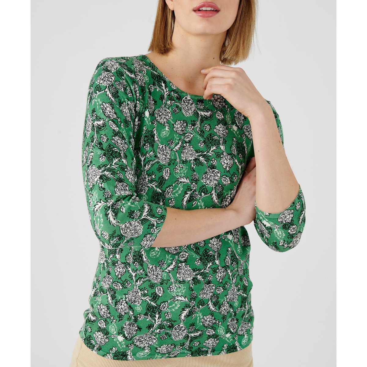 Pull maille fine manches 3/4 vert floral, DAMART