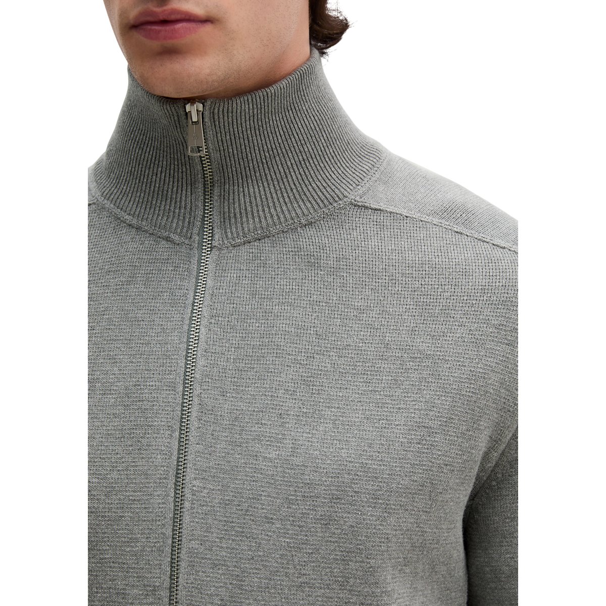 Cardigan zippé regular en pur coton bio gris, MARC O'POLO