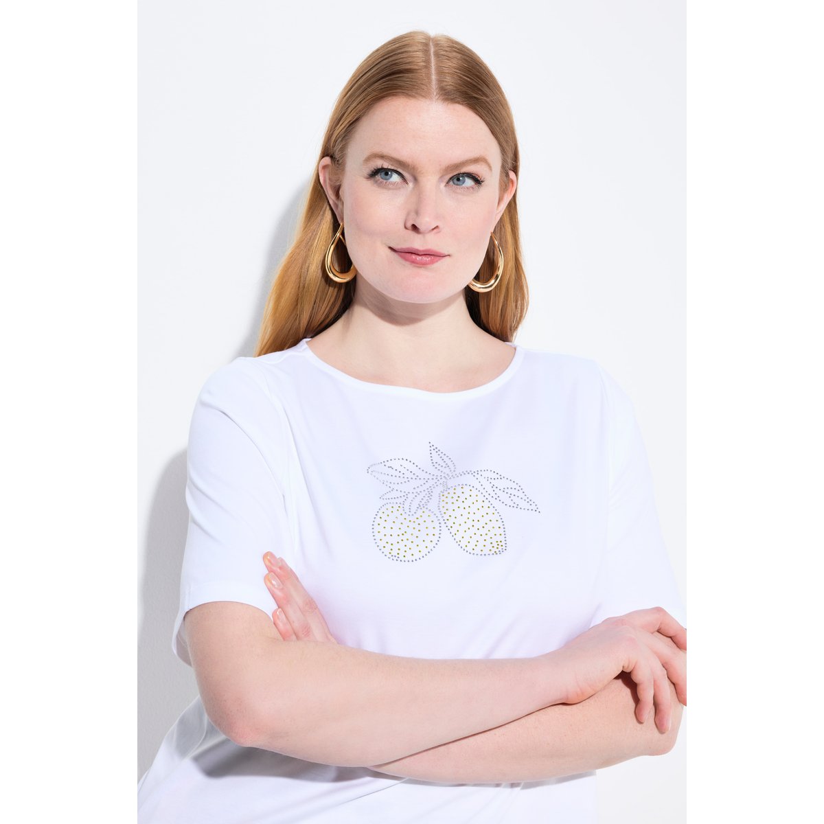 T-shirt en coton Pima. Motif citrons. Col blanc neige, ULLA POPKEN