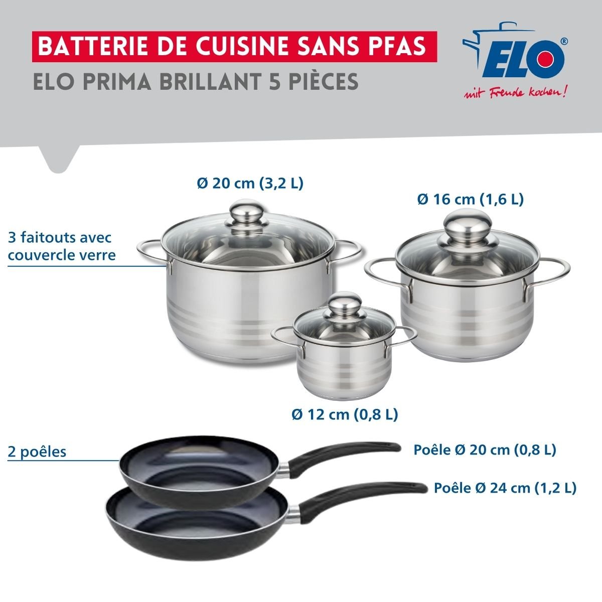Batterie 2 poêles 20/24cm + 3 faitouts 12/16/20cm PRIMA BRILLANT noir, ELO
