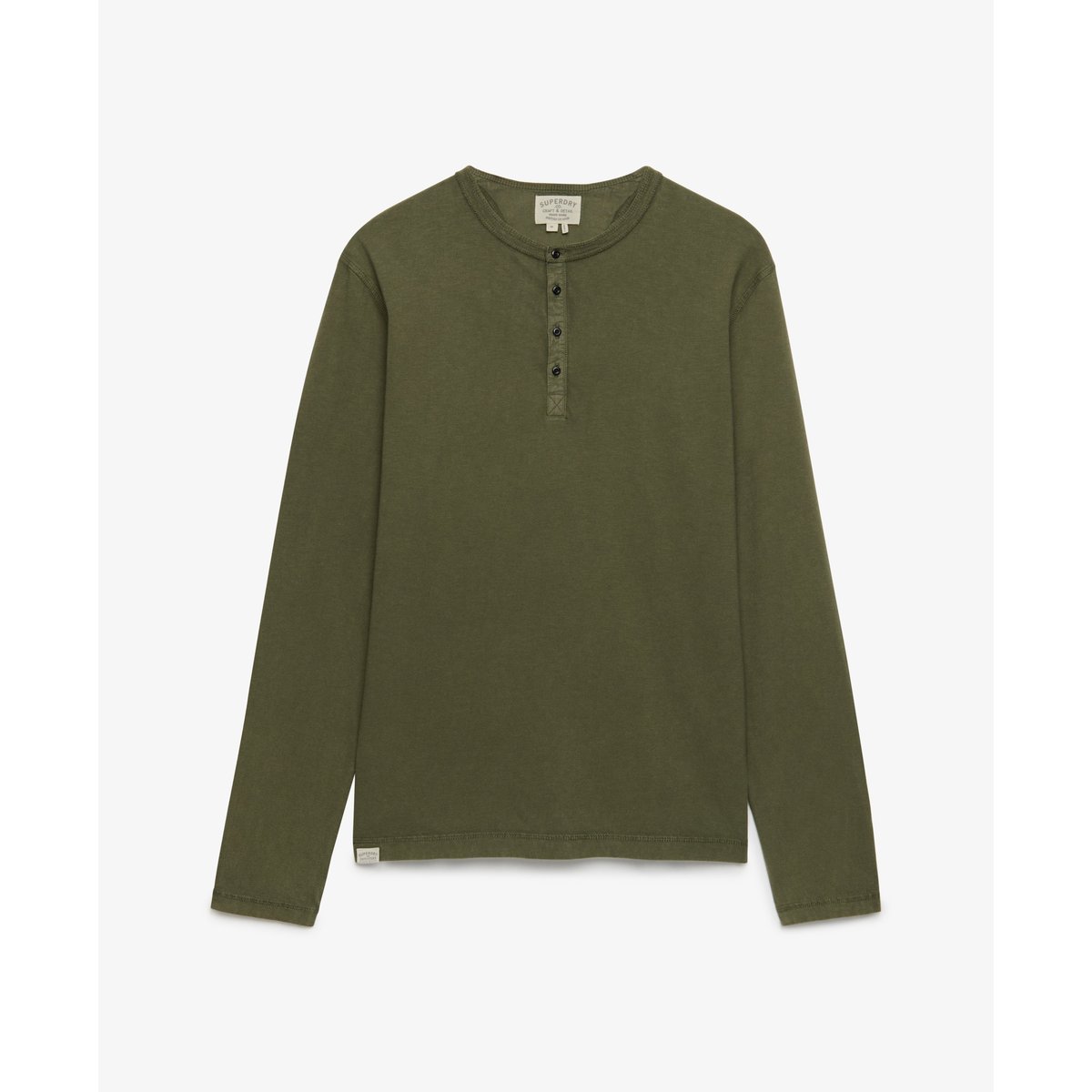 T-shirt Henley manches longues en jersey slub vert scarabée, SUPERDRY