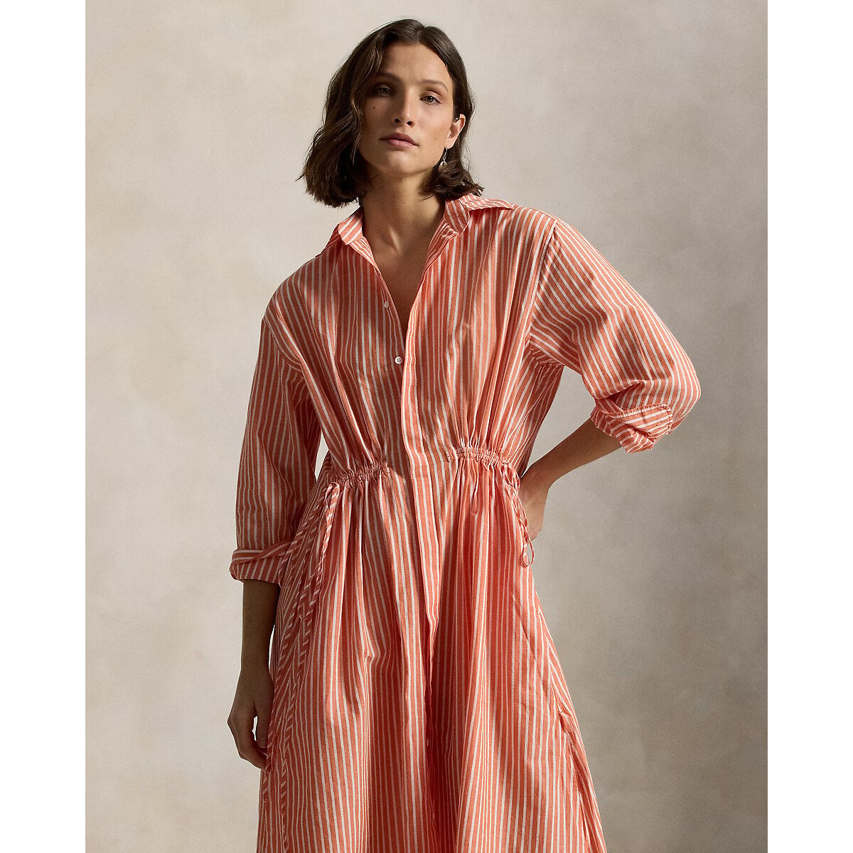 Robe chemise rayée à manches longues, avec taille ajustable rayé orange/blanc, POLO RALPH LAUREN