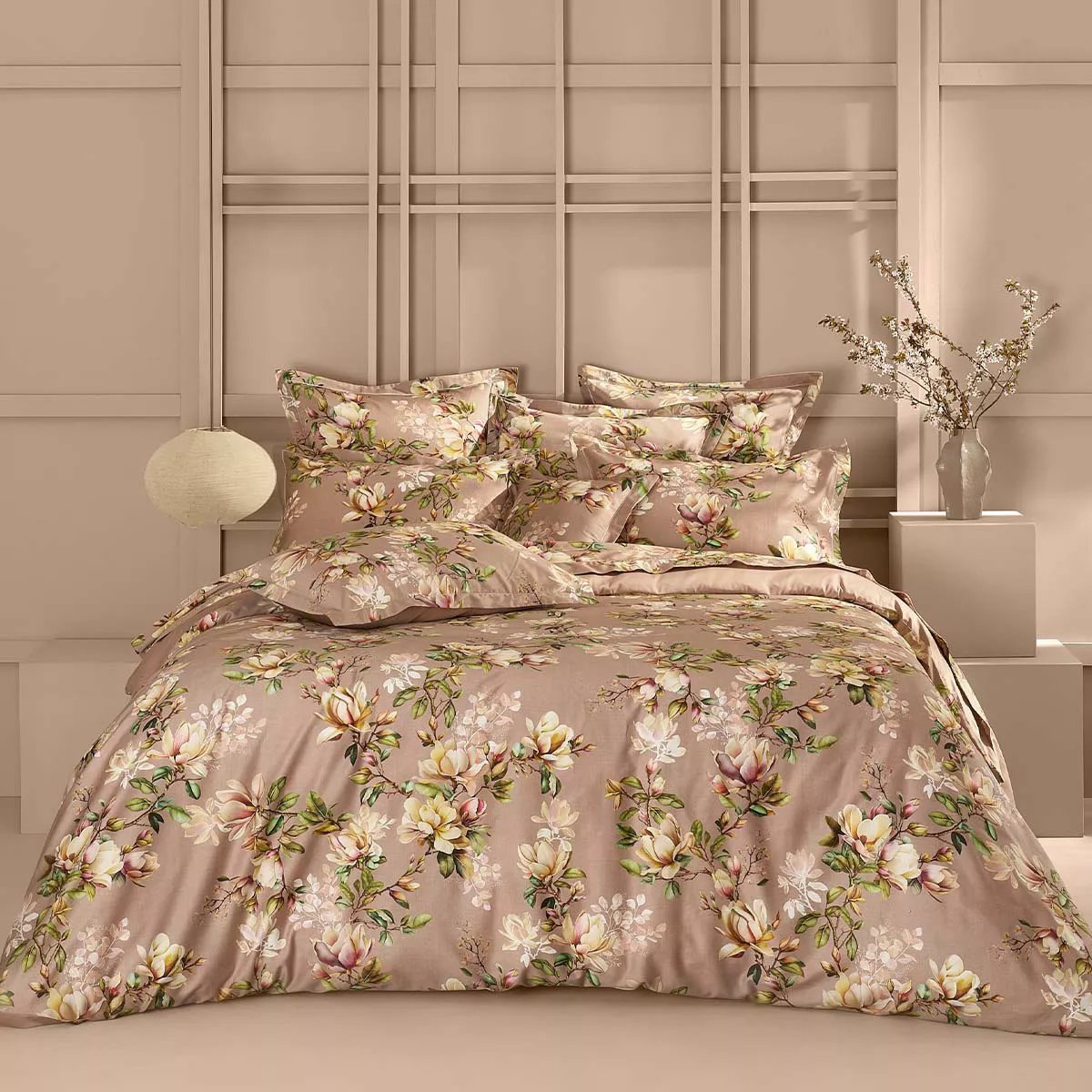 Taie d'oreiller satin de coton MAGNOLIAS rose fume, GARNIER THIEBAUT