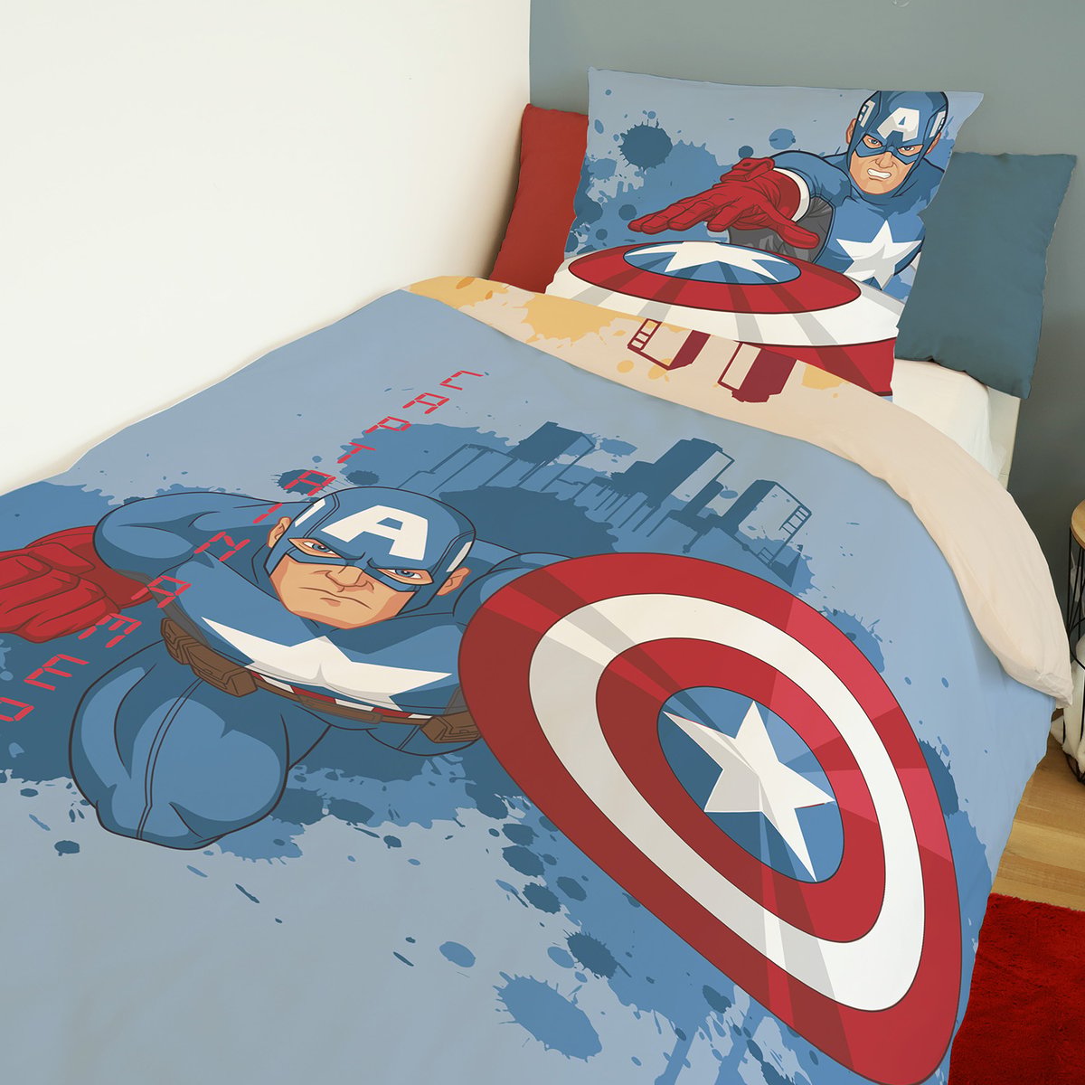Parure de lit coton réversible, MARVEL CAPTAIN AMERICA ET IRON MAN bleu, MARVEL