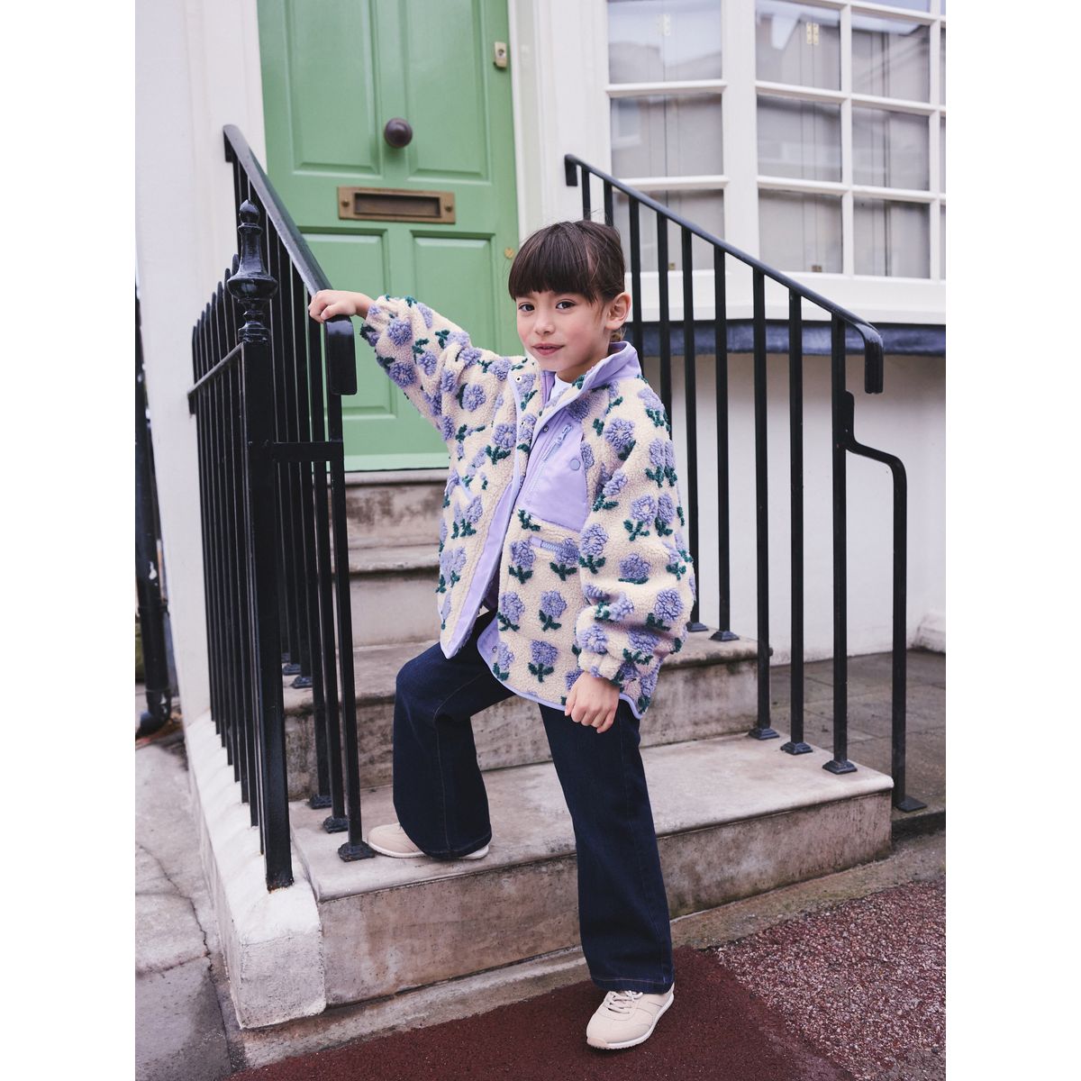 Veste en peau lainée boutonnée motif floral bleu/crème, NEXT