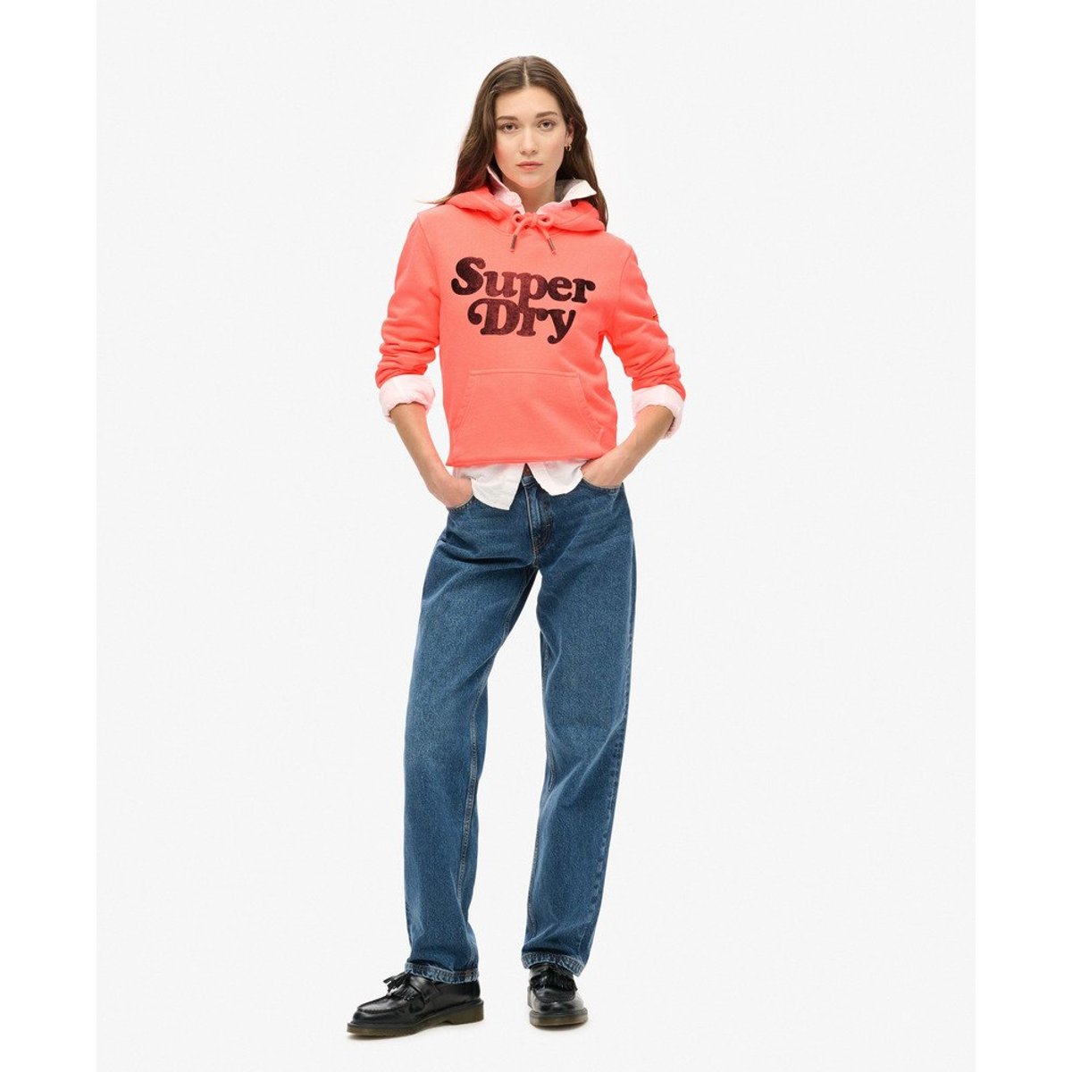 Sweat à capuche à logo ton sur ton Cooper corail pastelline, SUPERDRY