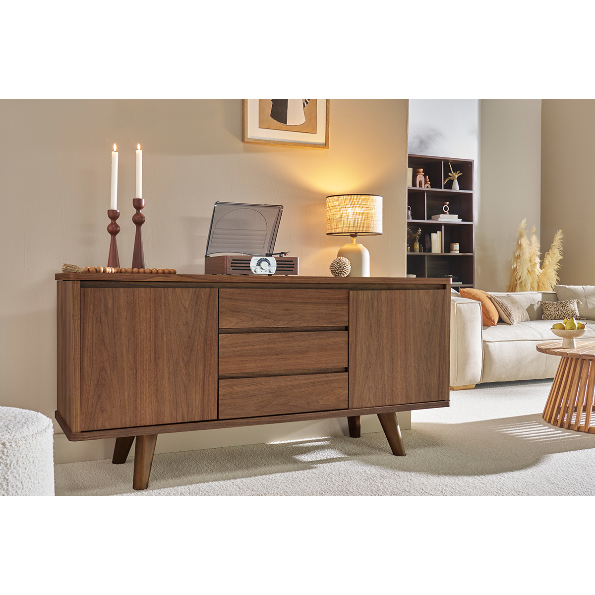 Buffet scandinave 2 portes 3 tiroirs L160 cm FIFTIES noyer, MILIBOO