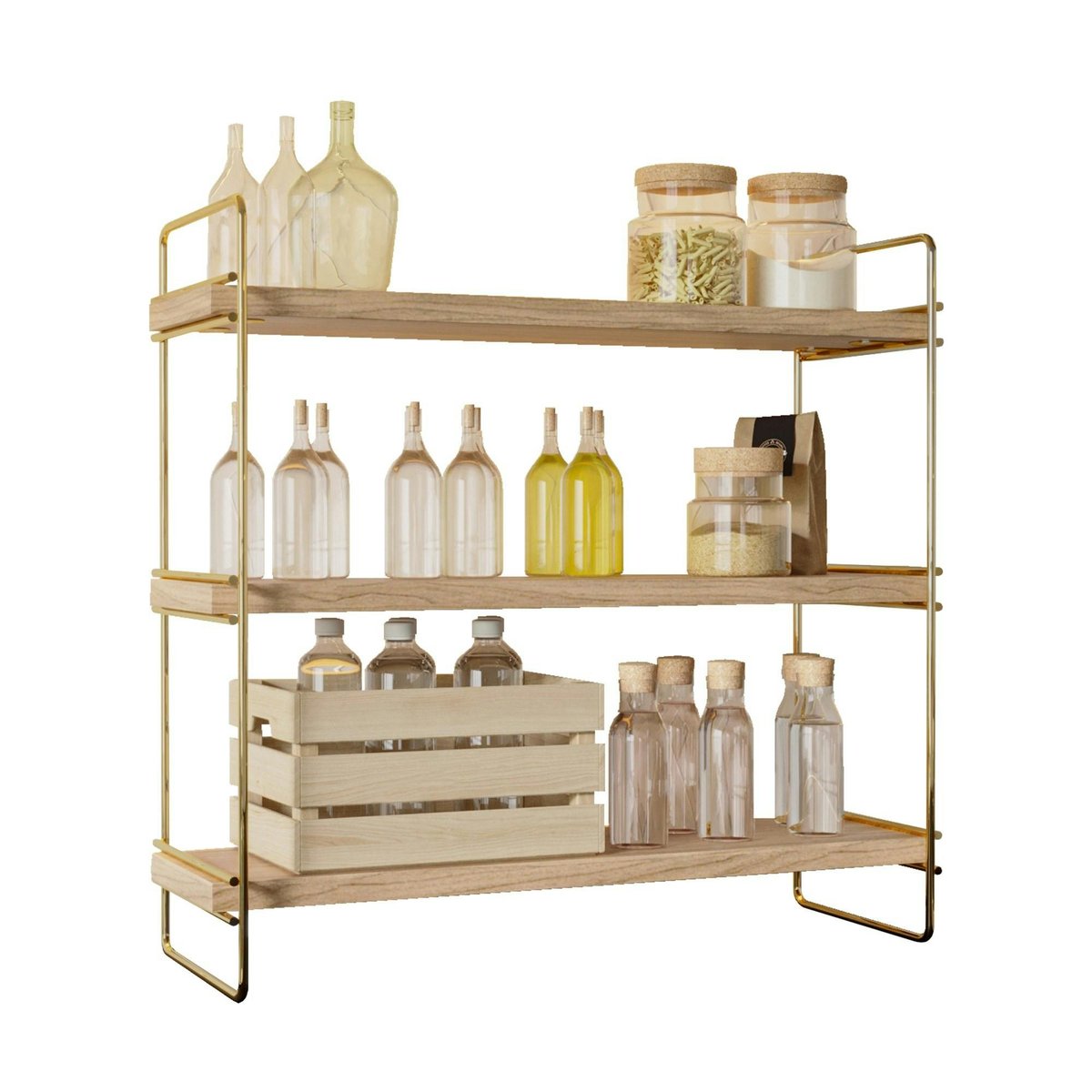 Étagère cuisine 3 niveaux - bois clair, supports dorés AVIALA bois naturel, PIER IMPORT