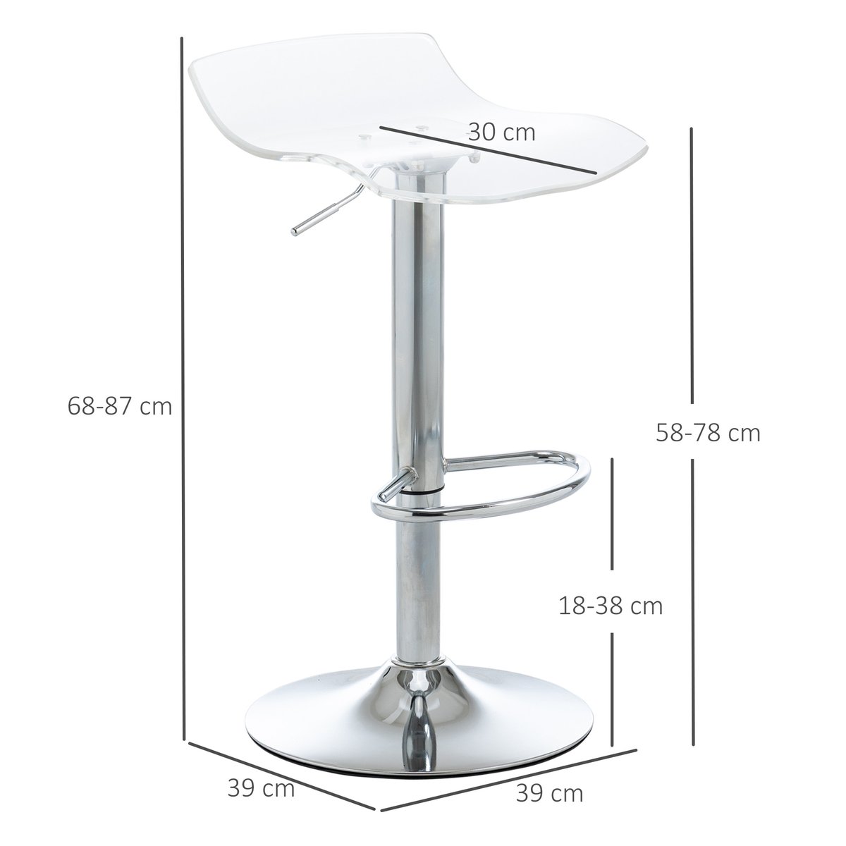 Tabouret de bar Acier Transparent transparent, argenté, HOMCOM