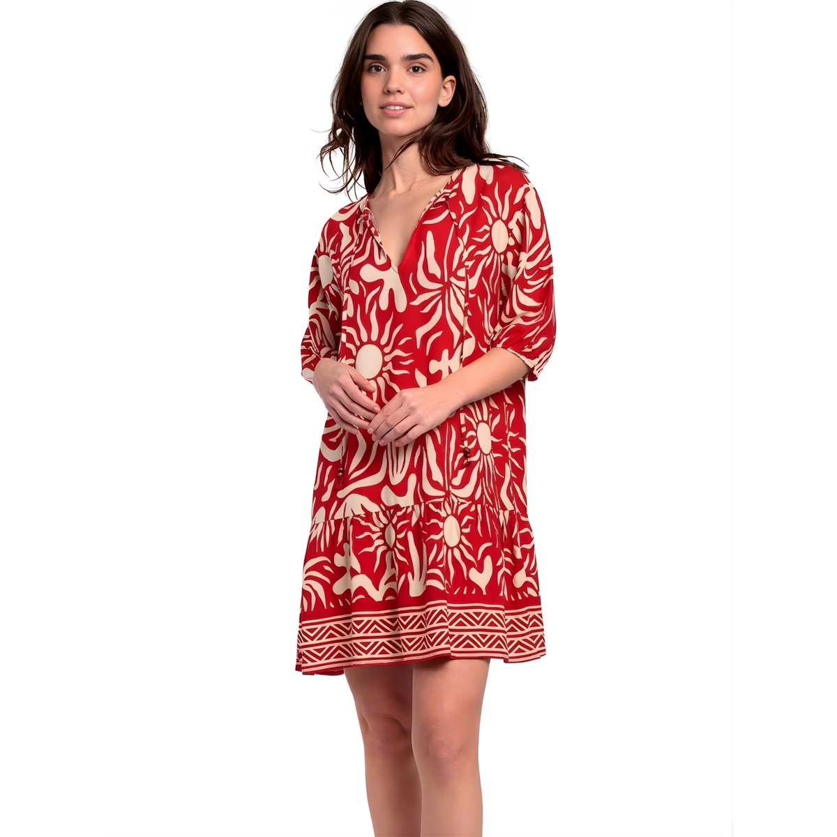Robe estivale manches trois-quarts Sun Summer rouge, ADMAS