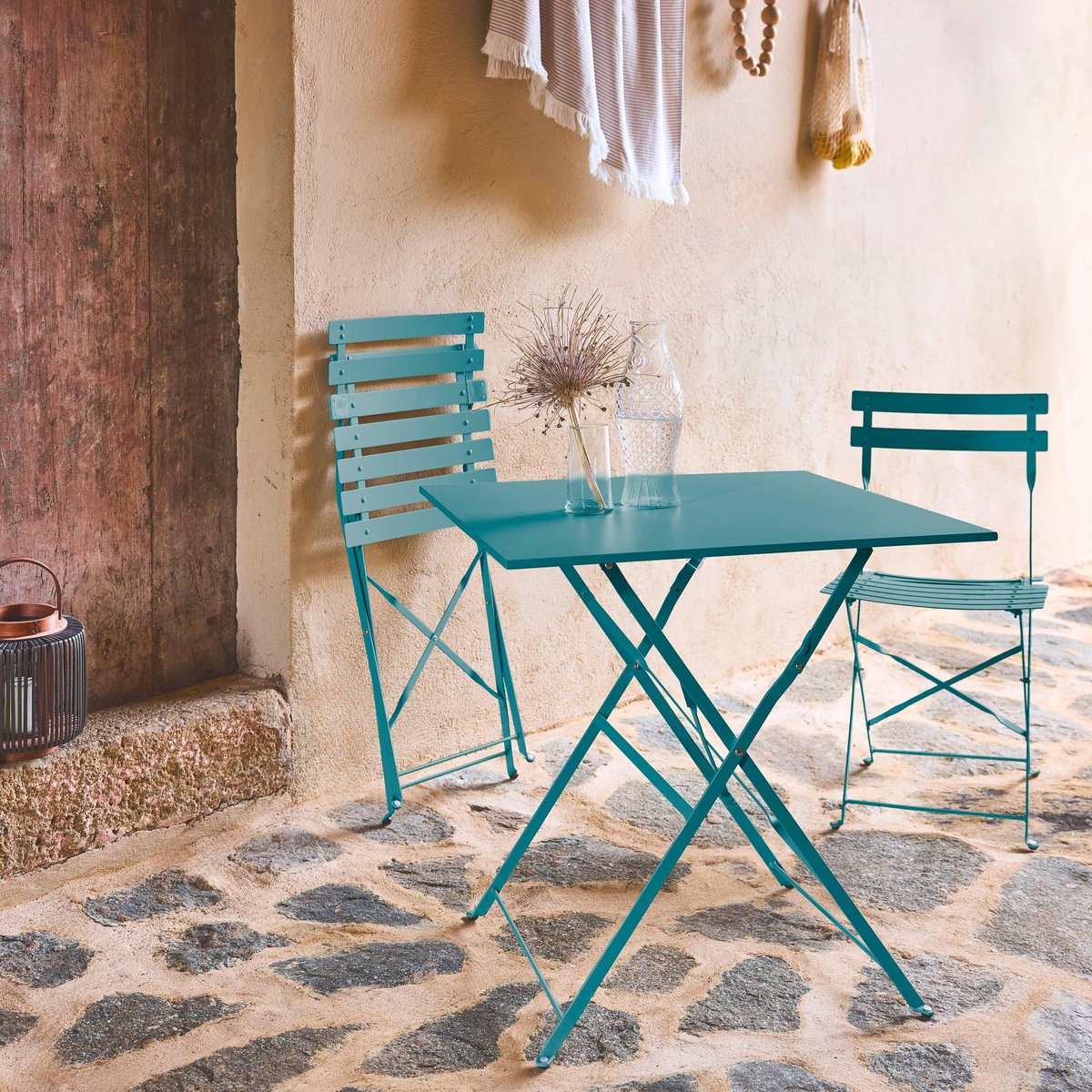 Table de jardin bistrot pliante métal + 2 assises EMILIA bleu canard, SWEEEK