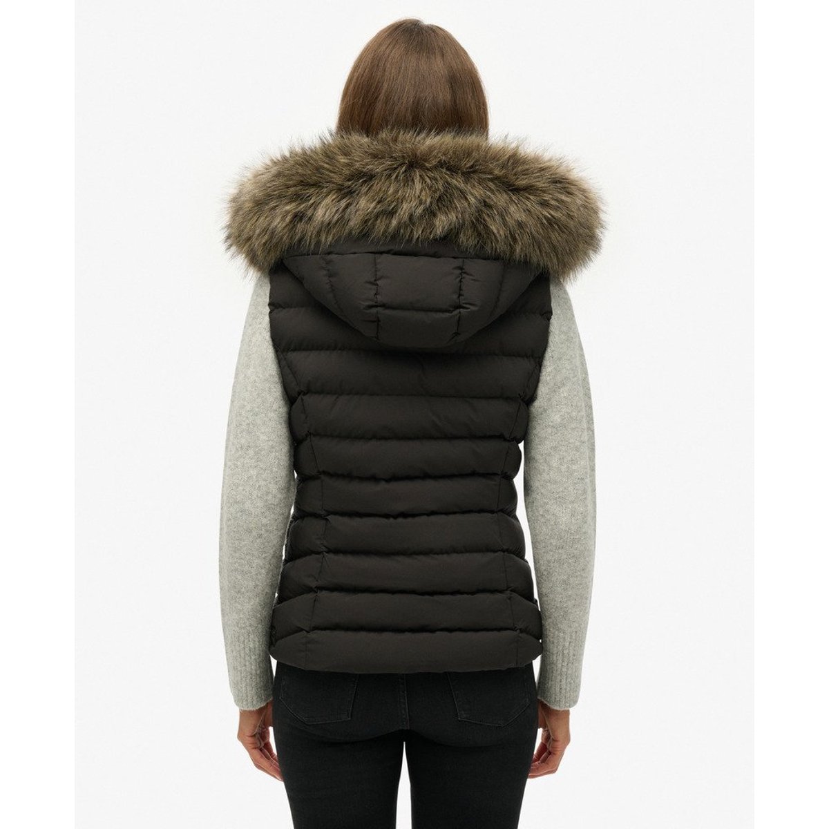 Veste sans manche en imitation fourrure à capuche Fuji noir, SUPERDRY