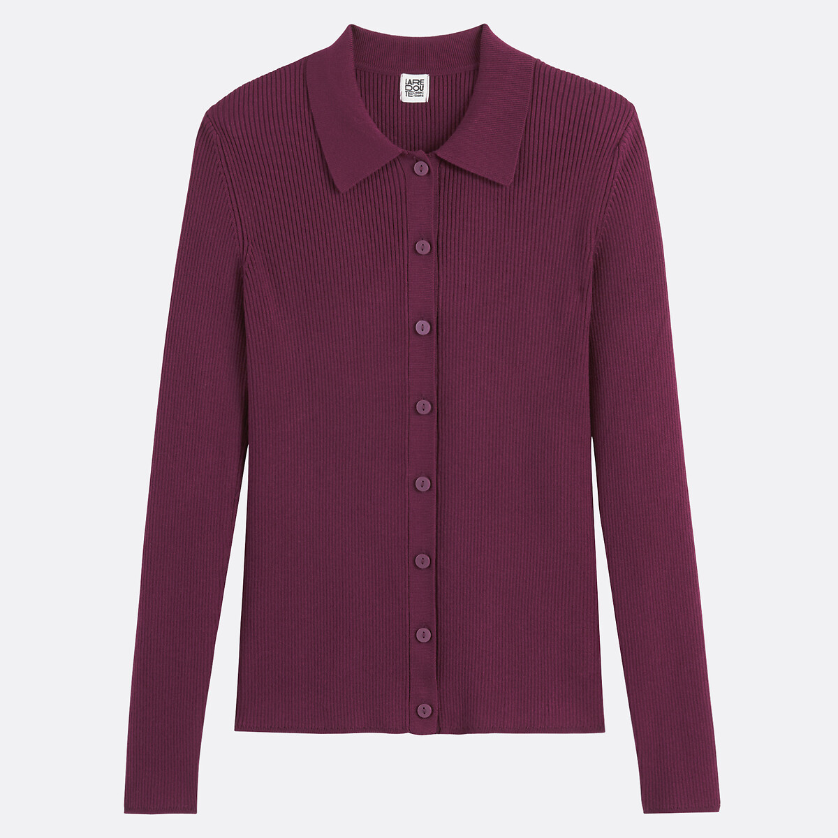 Polo Collar Cardigan in Fine Knit with Button Fastening purple/plum, LA REDOUTE COLLECTIONS