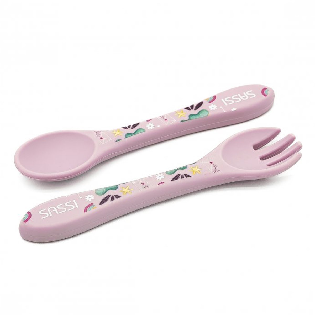 Set fourchette et cuillère en silicone ANIMAUX rose, SASSI