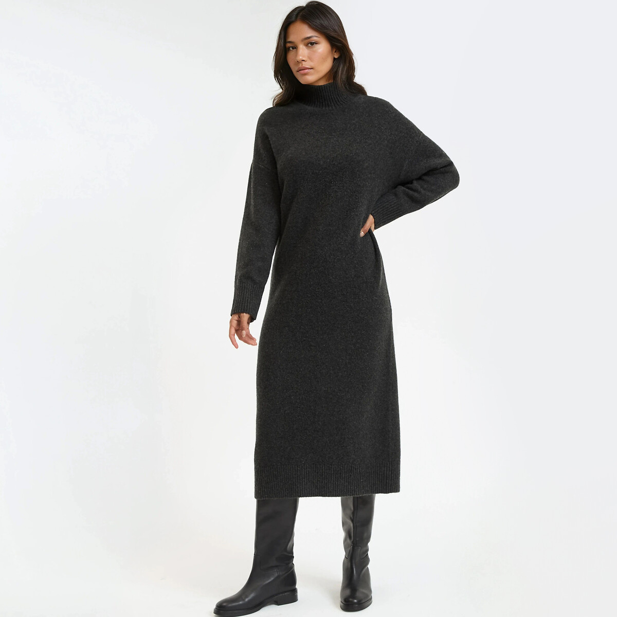 Robe pull col montant en maille mousseuse gris chiné foncé, LA REDOUTE COLLECTIONS