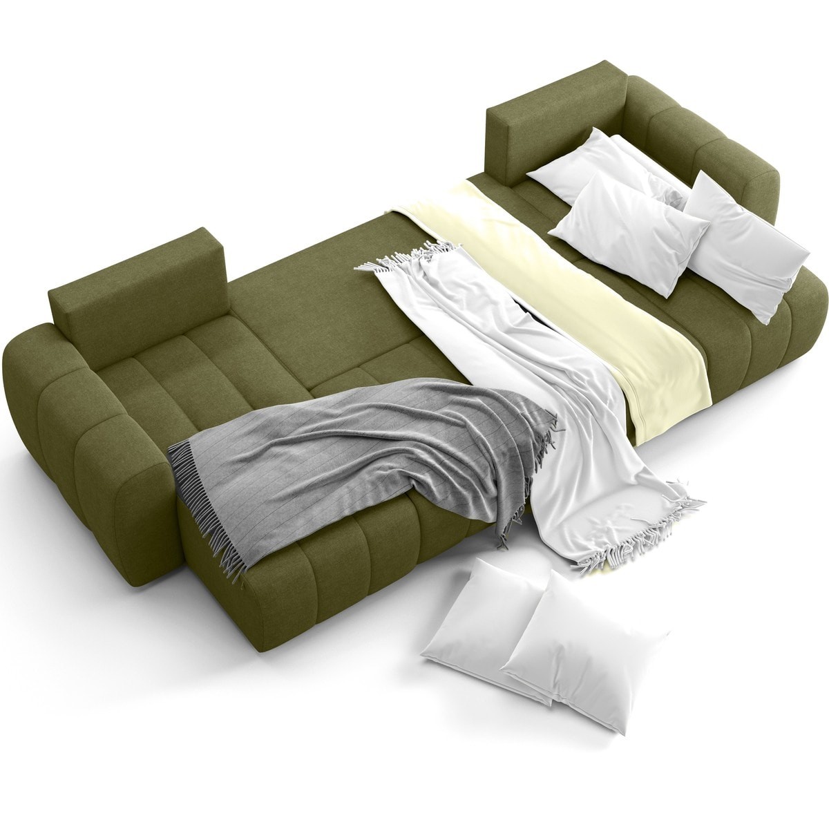 Canapé panoramique convertible 6 places en tissu chenille - ALBA vert olive, HOMIFAB