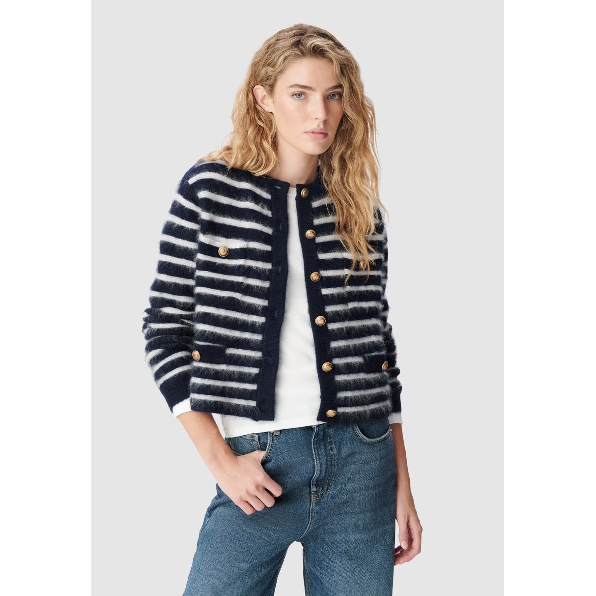 Cardigan rayé en laine bleu marine, IKKS