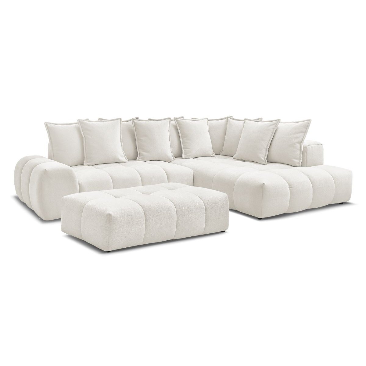 Canapé d'angle convertible 4 places en tissu texturé avec pouf, EVEREST blanc, BOBOCHIC