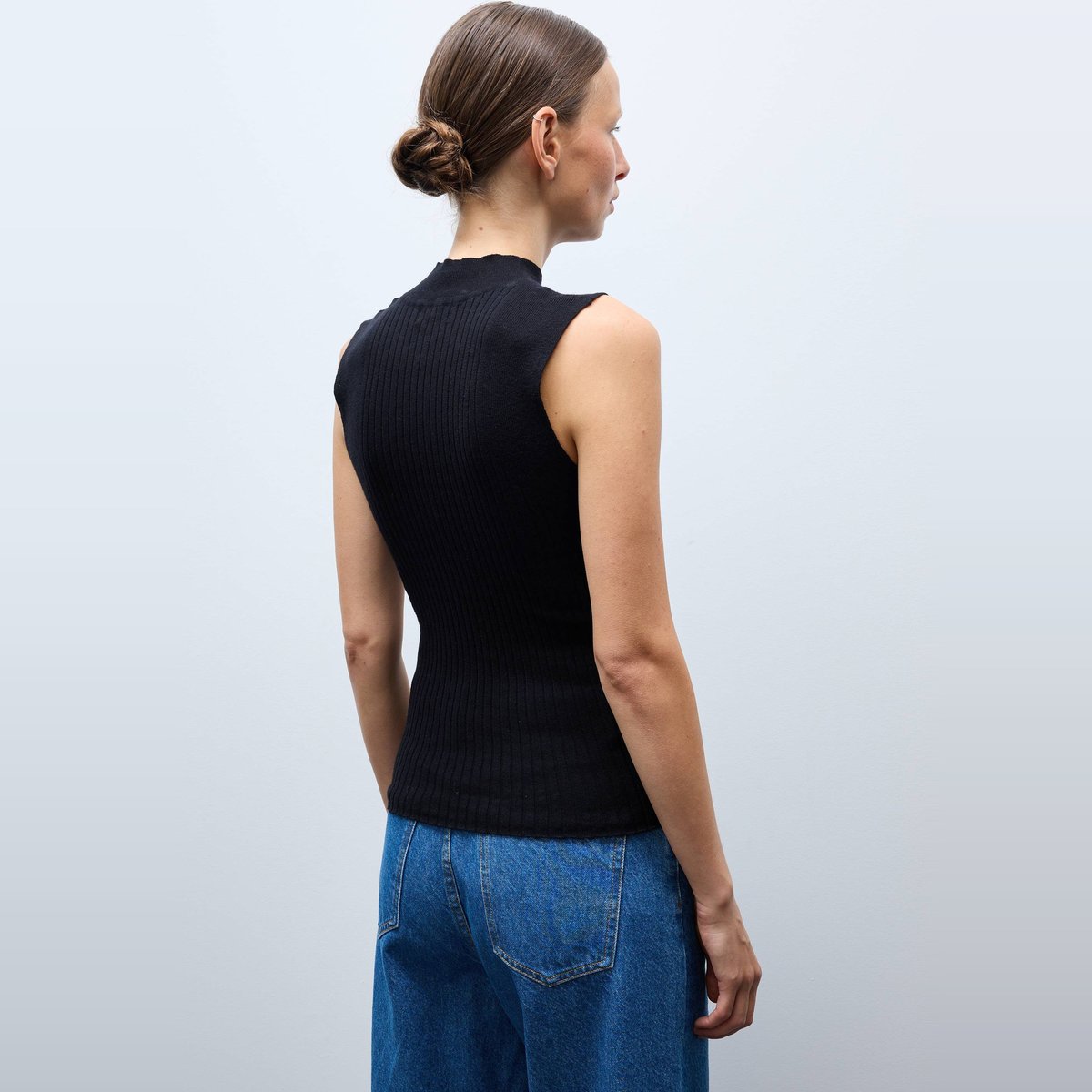 Pull sans manches à côtes uni en coton et cachemire mélangés noir, MONOPRIX
