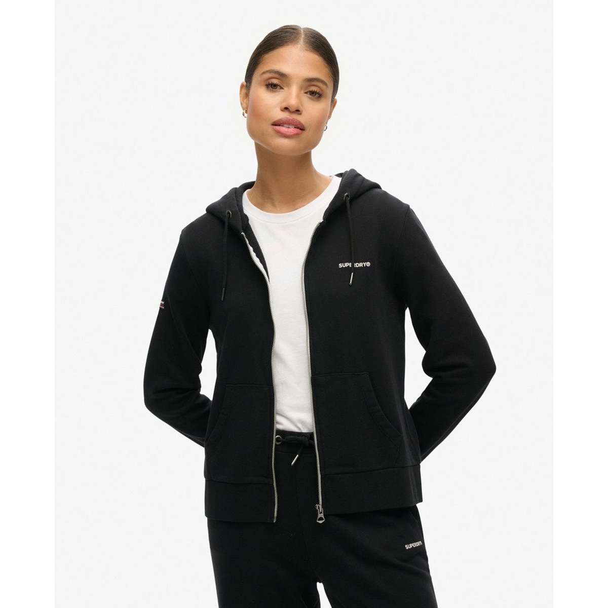 Sweat à capuche zippé uni noir, SUPERDRY