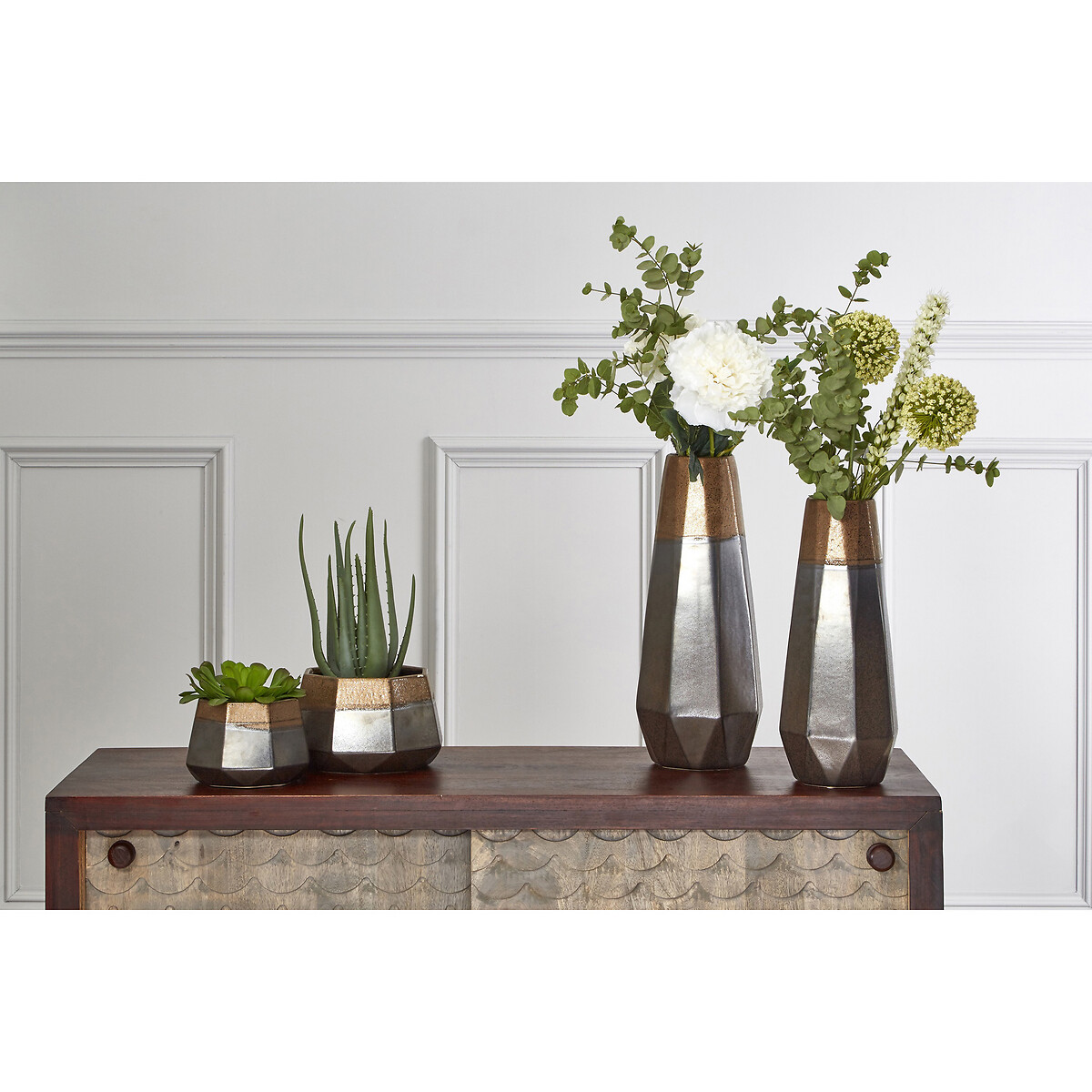 44cm Silver and Copper Polygonal Metal Vase black, FIFTY FIVE SOUTH