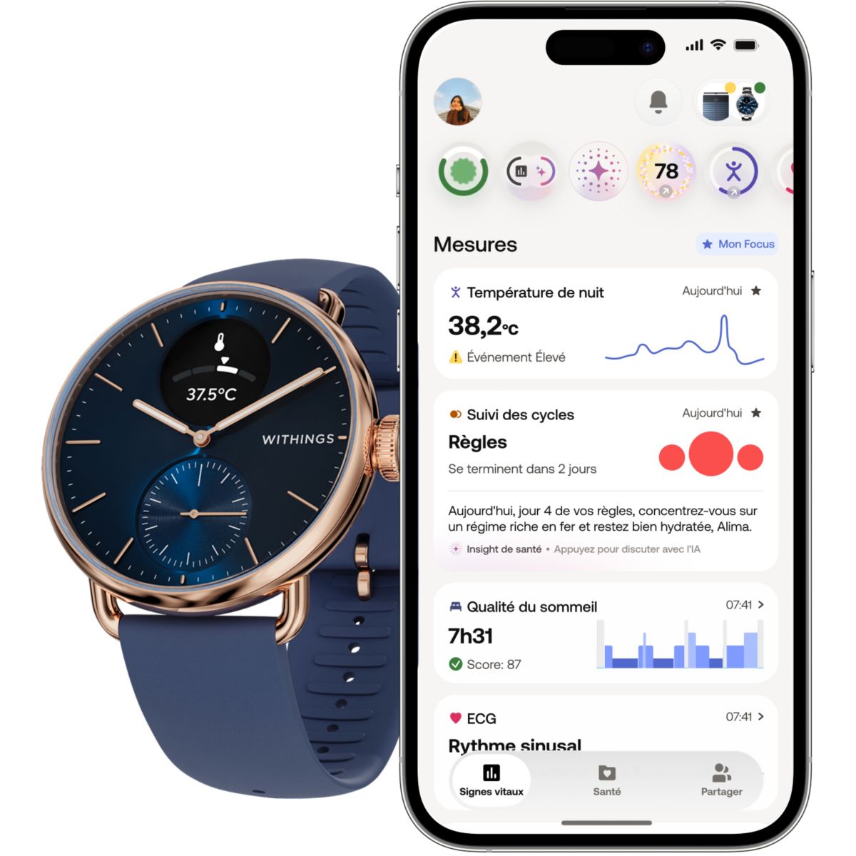 Montre santé Scanwatch 2 38mm Rose Gold Bleue couleur unique, WITHINGS