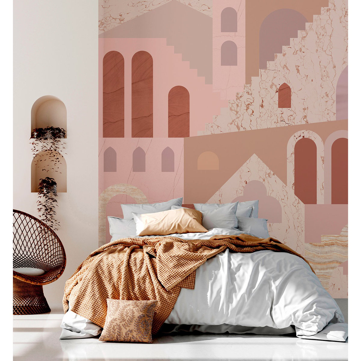 Papier peint panoramique Symi - intissé mat 150g, motif escaliers de marbre couleurs pastel, LE PAPIERS DE NINON