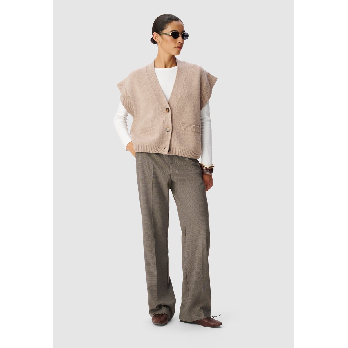 Pantalon de tailleur motif pied-de-puce marron havane, IKKS