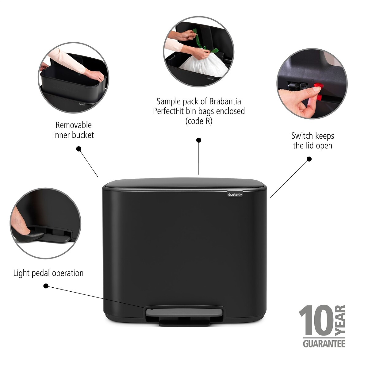 Bo Pedal Bin, 36L matt black, BRABANTIA