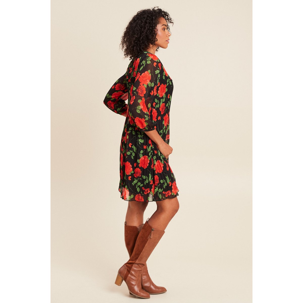 Robe courte évasée plissée manches 3/4 rouge, BREAL