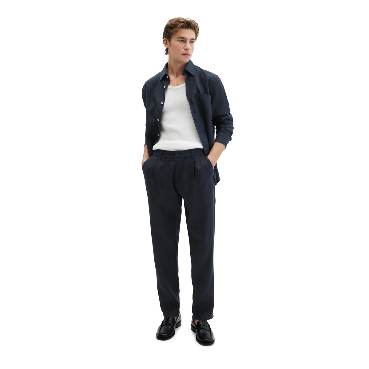 Pantalon en lin modèle Osby Jogger pleats avec ceinture élastique bleu foncé, MARC O'POLO