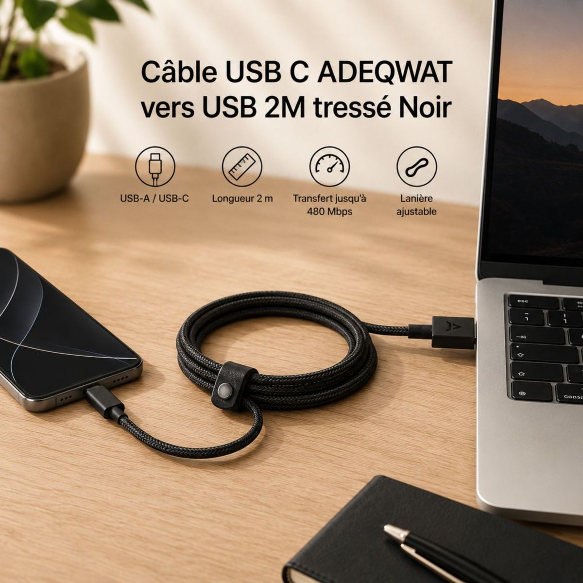 Câble USB C vers USB 2M tressé Noir compatible iPhone 17 16 15 Pro Max et Samsung Galaxy S25 S24 Ultra couleur unique, ADEQWAT